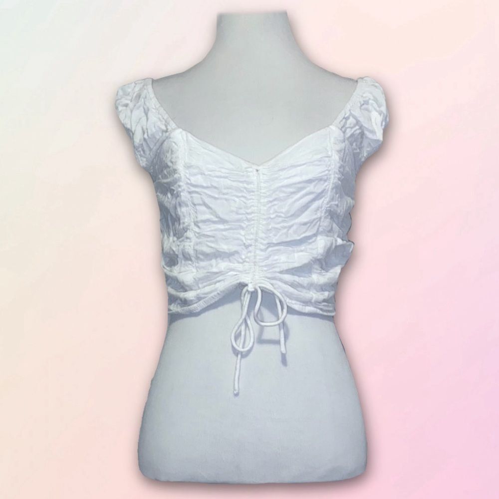 Japna White Ruched Tie-Front Crop Top
